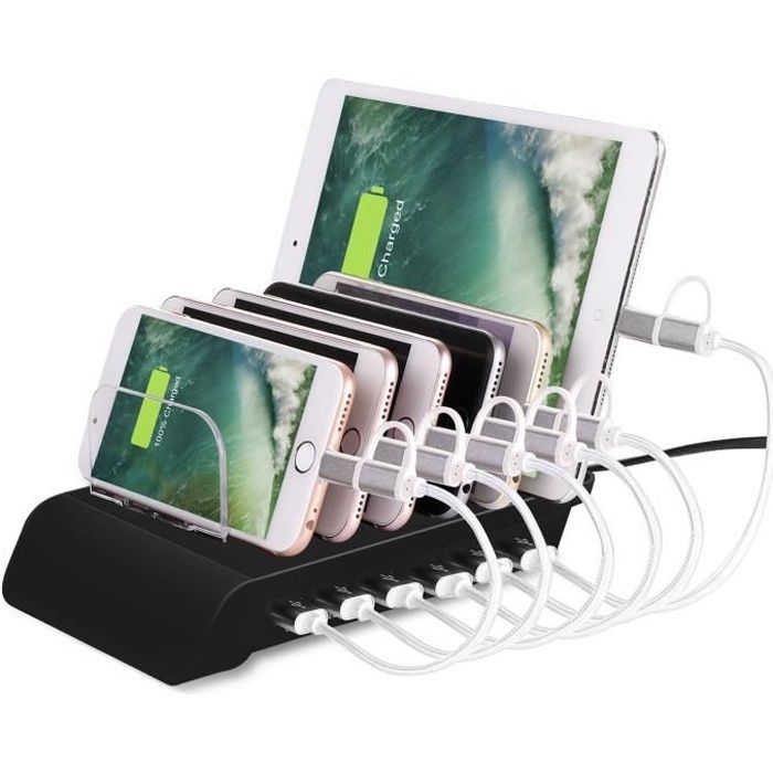 Station de charge Multi-appareils Base de charge 10.2 A 6 Ports USB 7x Supports Noir