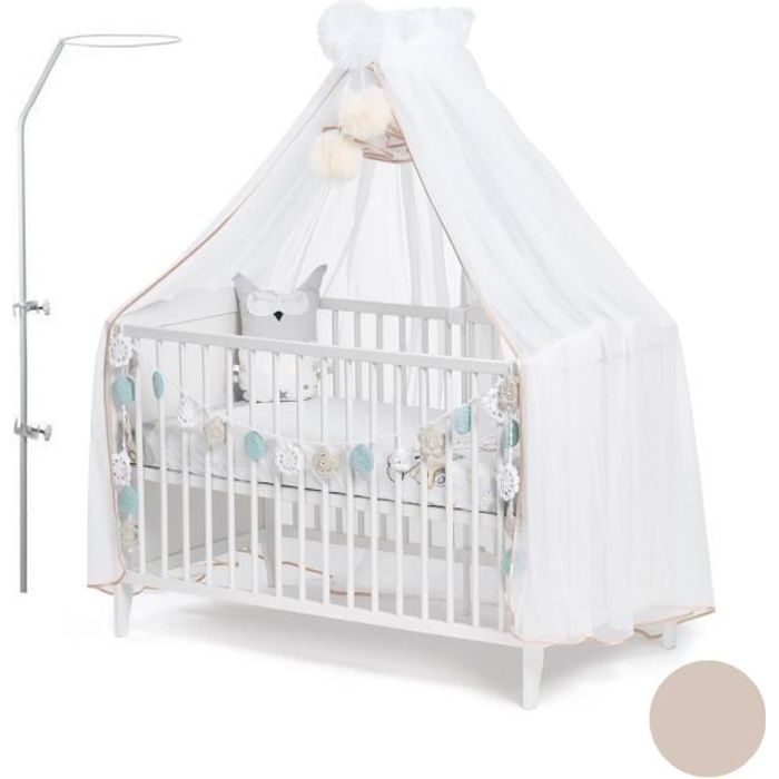 Callyna ® - Ciel de lit bébé moustiquaire avec support. Blanc Nœud Rose XXL