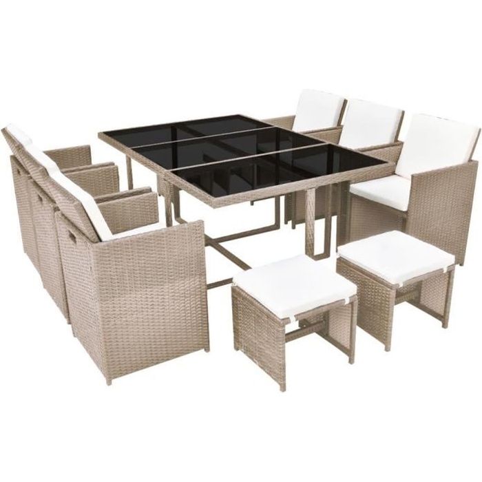 vidaXL Salon de jardin encastrable avec coussins 11 pcs Rotin Beige