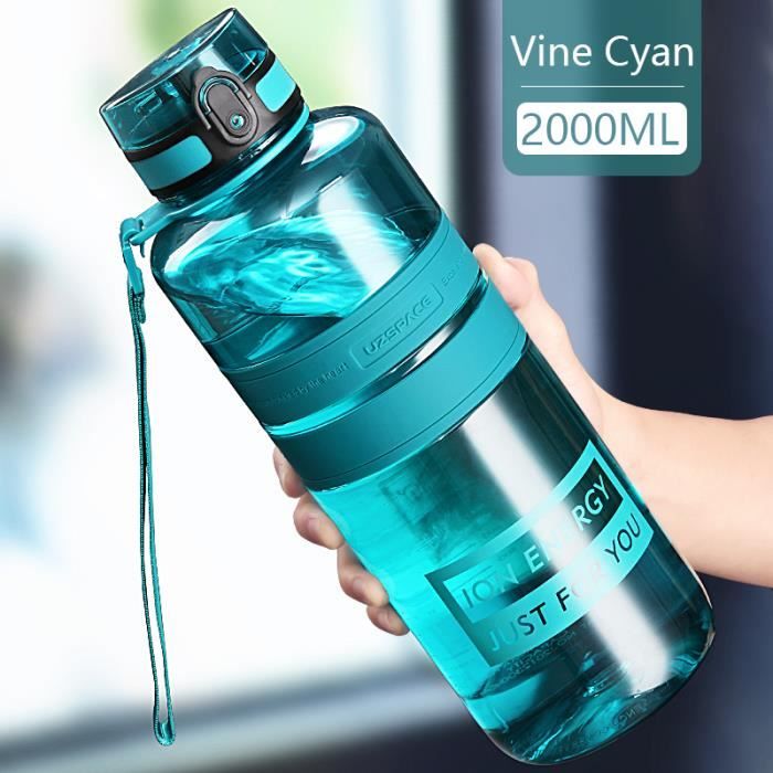 GOURDE,2000ml Vine Cyan--Bouteille'eau de sport de grande capacité en plastique écologique, Shaker Portable anti fuite, sans BPA, 1