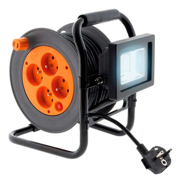 Enrouleur électrique 4 prises 16A 2P+T avec projecteur LED 10W - câble HO5VV-F 3G1 15m avec guide câble