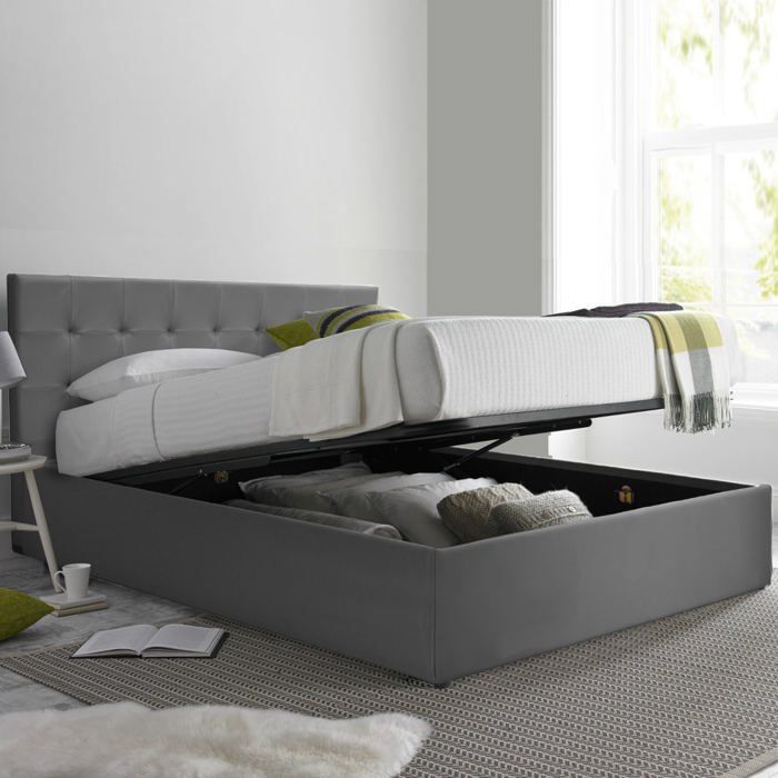 Lit Coffre Penthouse 90 x 190 by Sampur Simili Cuir Gris Design et Moderne - Sommier à Lattes en Bois + Tête de Lit inclus Lit Coffre Penthouse 90 x 190 by Sampur Simili Cuir Gris Design et Moderne - Sommier à Lattes en Bois + Tête de Lit inclus