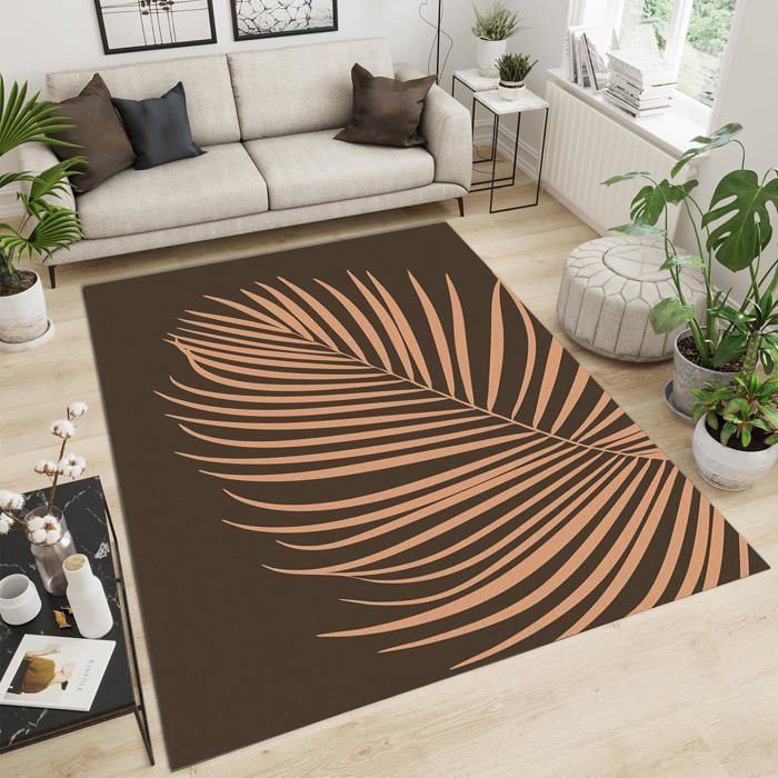 Tapis Salon Lavable Motif Feuilles Palmier Or/noir 160x230 Cm - Poils Ras, Antidérapant, Doux