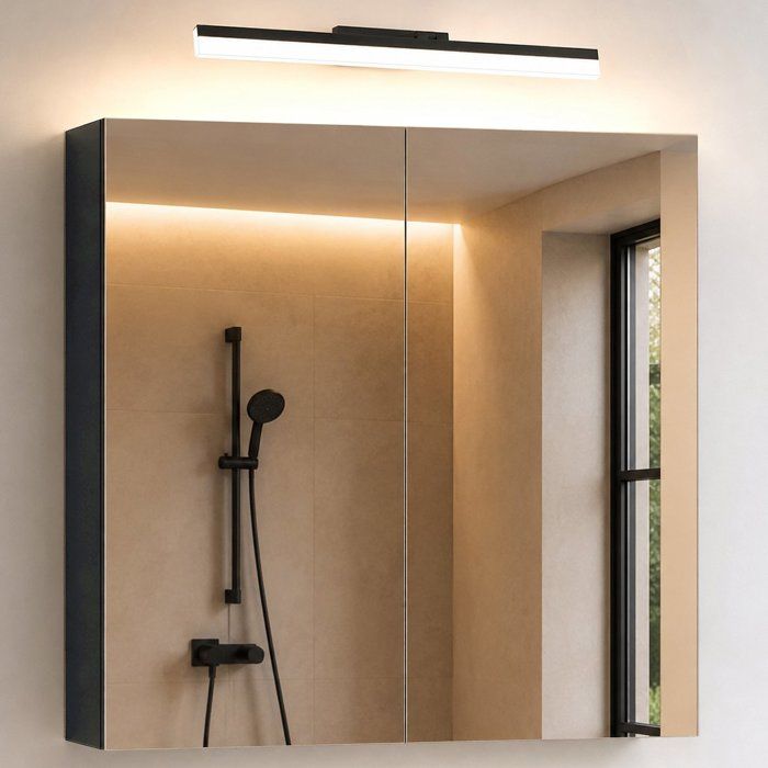Sogood Armoire Murale Salle de Bains avec Miroir et Lampe Luxaris Noir Placard de Rangement Anthracite Mat en Bois 80 cm