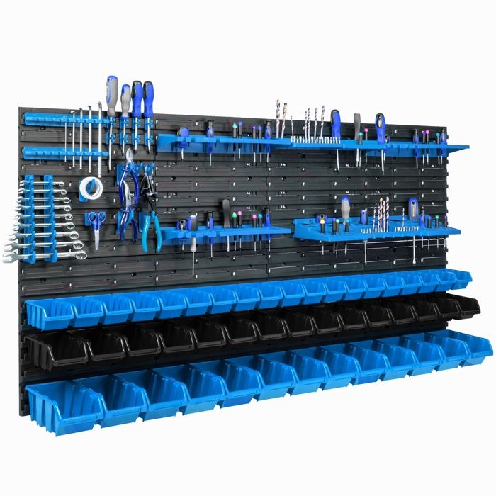 Étagère murale - BOTLE - 156 x 78 cm - 47 bacs en plastique - Bleu et Noir - Organiseur doutils