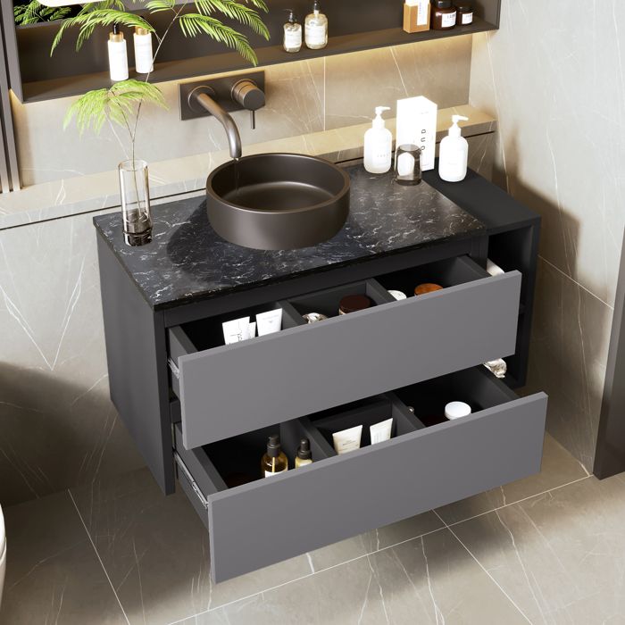 Meuble sous-vasque suspendu de 80 cm de largeavec vasque en céramiqueavec tiroirsdesign modernenoir-gris