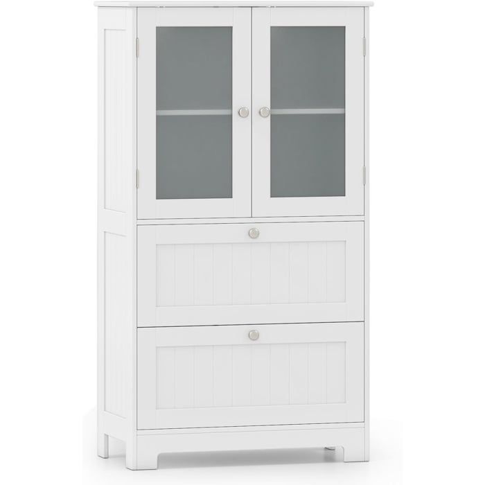 GOPLUS Colonne de Salle de Bain 60 x 30 x 108 CM avec 2 Portes en Verre Trempé 2 Tiroir Étagère Réglable sur 3 Niveaux Blanc