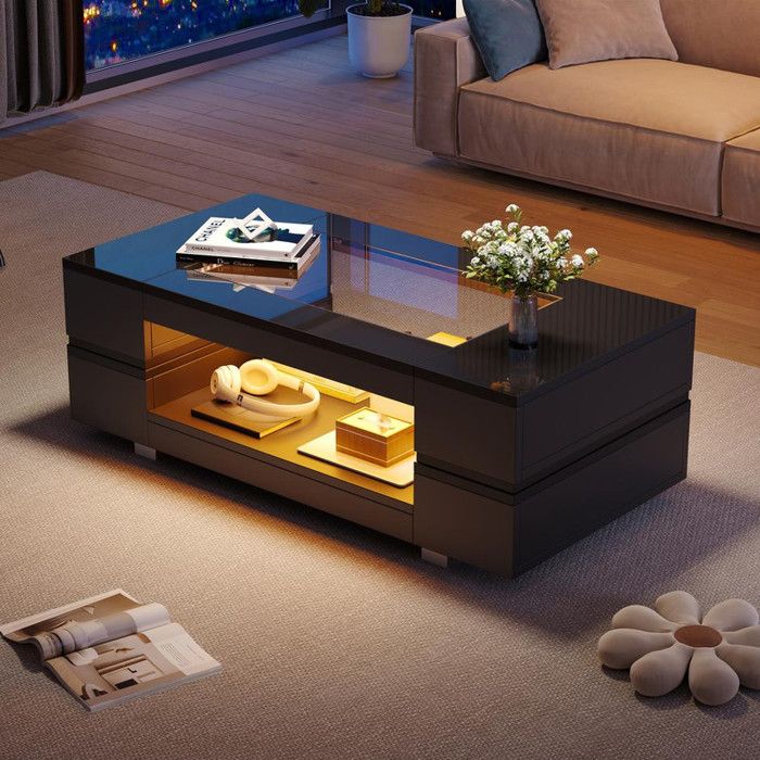 Table basse salon 100x50x35 cm avec LED et contrôle par application Bluetooth Table de salon à double couche haute brillance Noir