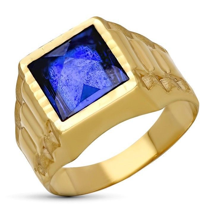 Chevalière creuse en or 9 carats avec une pierre bleue de 9 mm au centre.