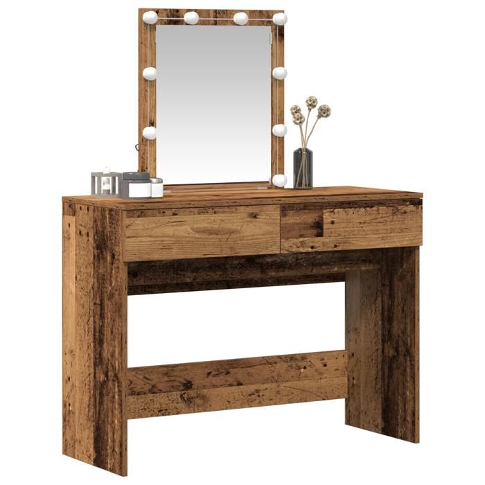 Coiffeuse avec miroir et éclairage LED - vidaXL - Bois ancien - Miroir intégré - Éclairage LED - Deux tiroirs - Marron