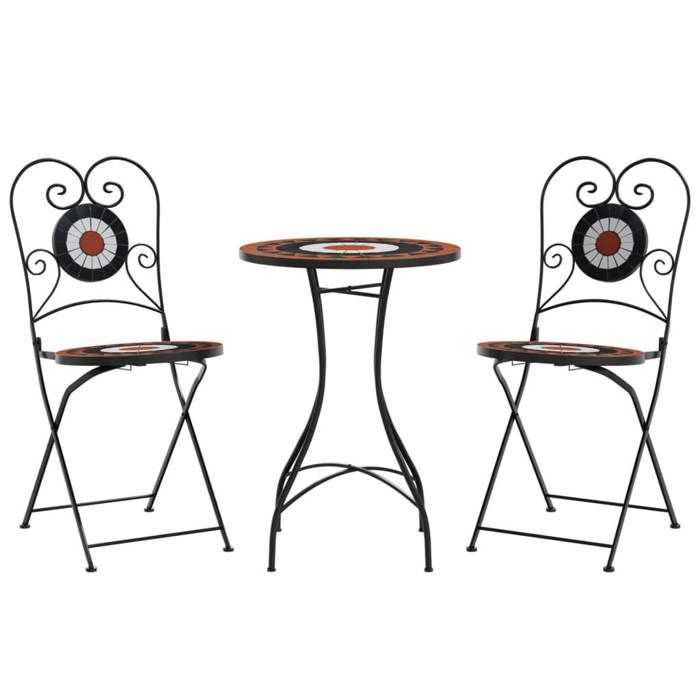 Ensemble de bistrot mosaïque - BURKE - Terre cuite et blanc - Table 50x70 cm - Chaises 38x455x895 cm
