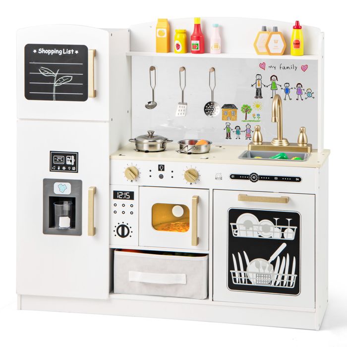 GIANTEX Cuisine Enfants en Bois 3+ Ans Four Micro-ondes Machine à Glaçons Bouton Lumière Ensemble de Jouets de Cuisine