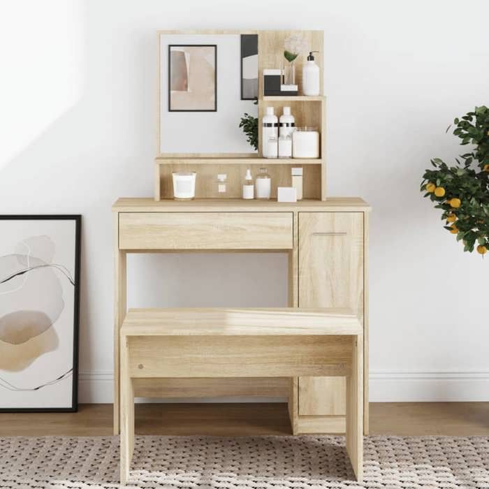 Coiffeuse avec miroir - Happiness - Chêne sonoma - 865x35x136 cm - Grand espace de rangement - Facile à nettoyer