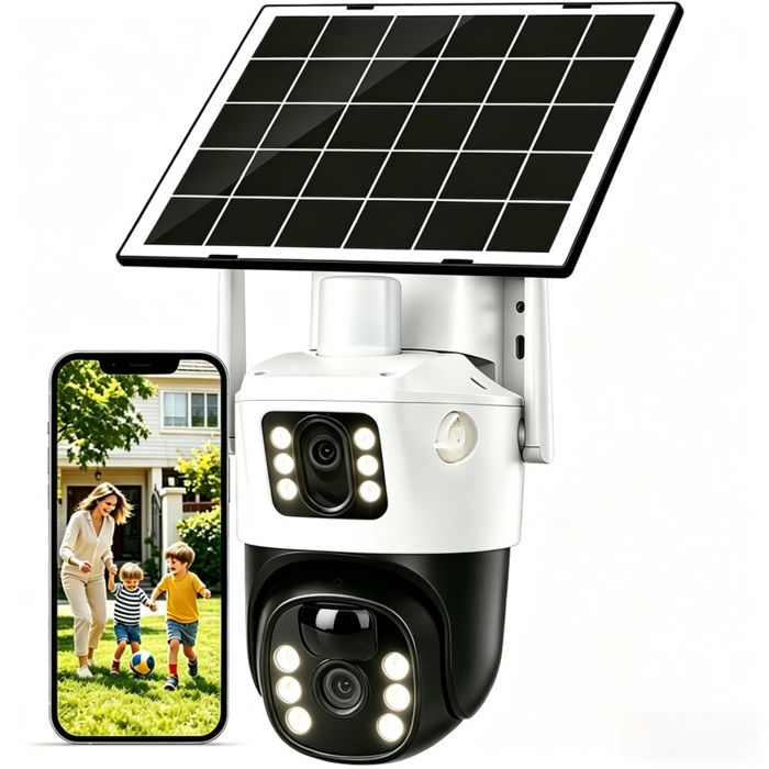 Caméra de Surveillance Solaire 2K (>2MP) Extérieure WiFi PTZ 360° Double Objectif Vision Nocturne Couleur Détection Humaine IP66