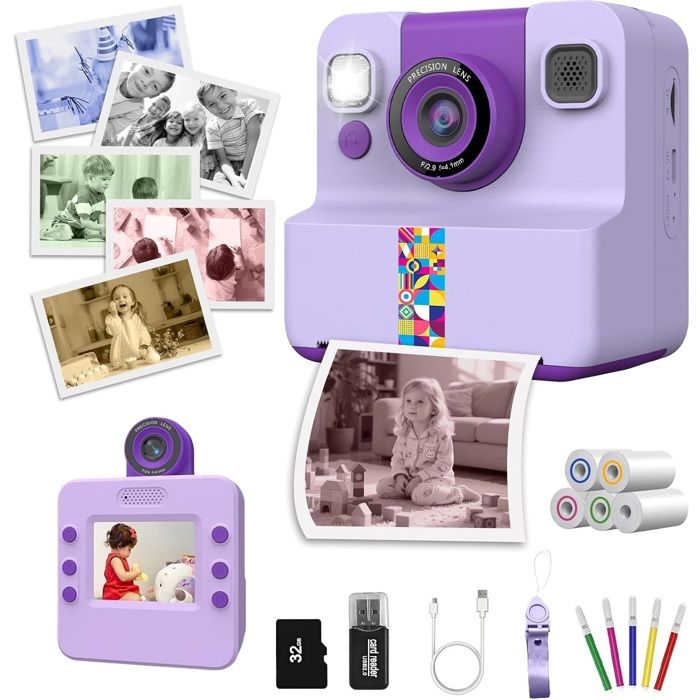 Appareil Photo Instantané Enfant 2.4 Écran avec Papier dimpression et Carte 32GBVideo et SelfieCadeau Filles Garçons 3-14 Ans