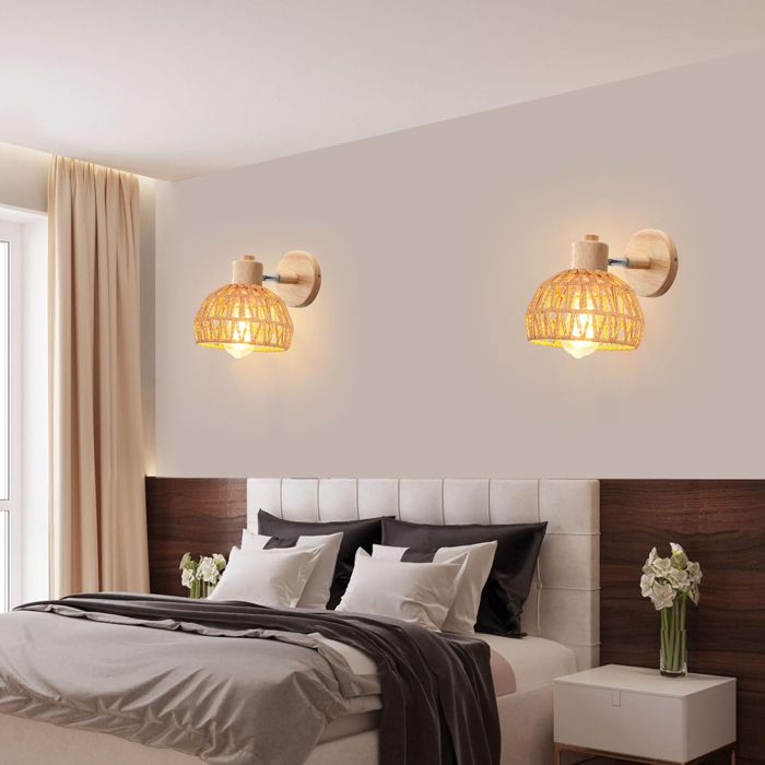 ElektraH 2x Applique Murale Vintage 20cm Lampe Murale Retro Réglable en Bois et Rotin Luminaire Applique Vintage pour Salon Chambre
