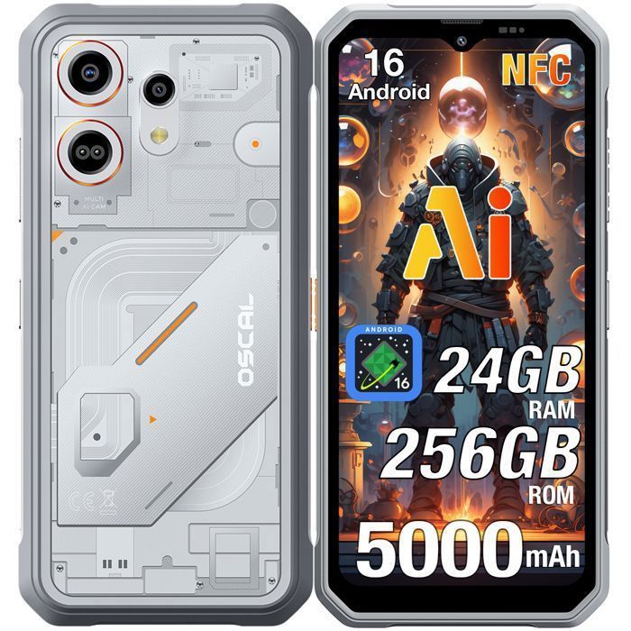 Oscal Marine 3 Smartphone 24Go + 256Go 6.56 16MP Caméra + Vsion nocturne Téléphone Incassable 5000mAh Double SIM 4G NFC GPS Blanc