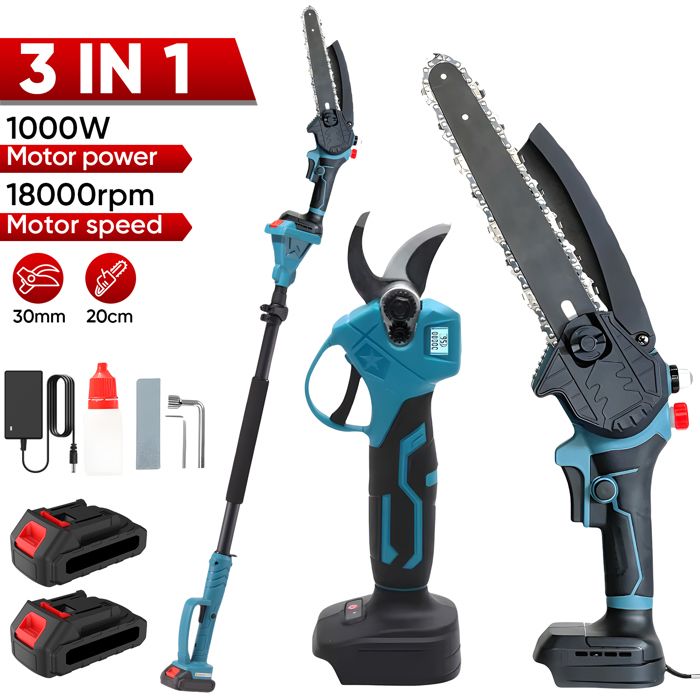 Sécateur Électrique Sans Fil Mini scie 20 cm + perche 2 mètres de haut - Tronçonneuse de jardin électrique rétractable et sécateur