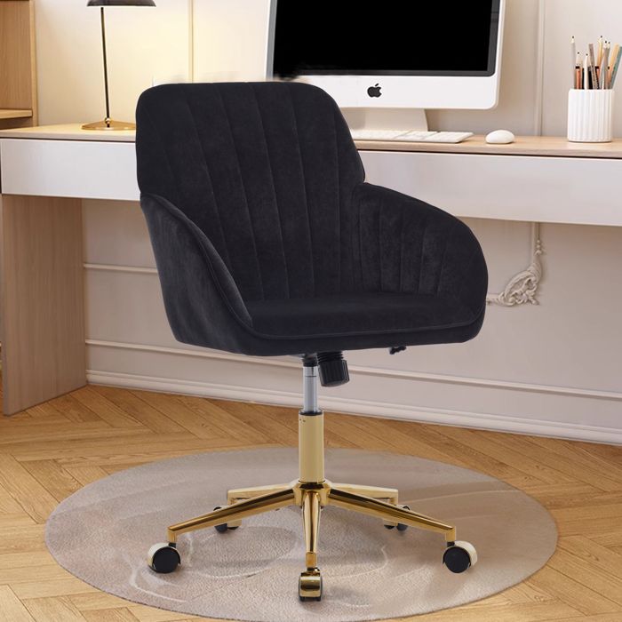 Chaise de Bureau Ergonomique - BELLEMAVE - Hauteur Réglable - Chaise Pivotante - Velours - Pour Chambre et Bureau - Noir et Or