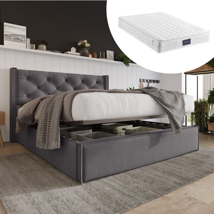 Lit coffre rembourré gris 140 × 200 cm avec sommier relevable