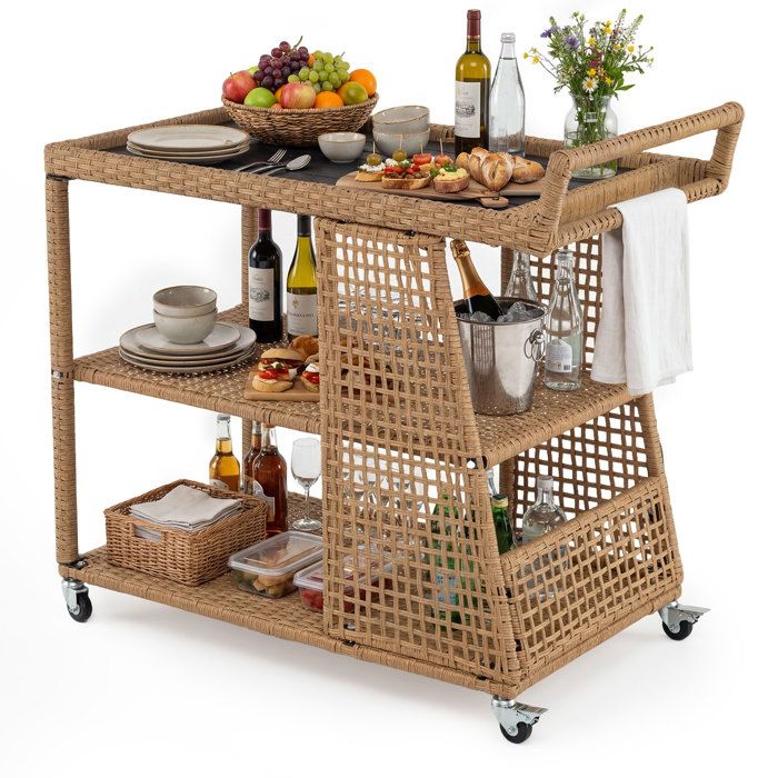 Desserte de Jardin en Rotin Cannage PE COSTWAY Chariot de Bar Extérieur avec Plateau Large 4 Roulettes Poignée 98 x 54 x 92 cm