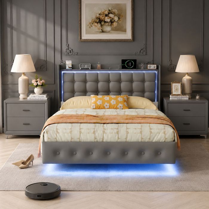 Lit suspendu 160x200 cm - Velours gris foncé - Sommier à lattes - Éclairage LED et port USB - Lit double