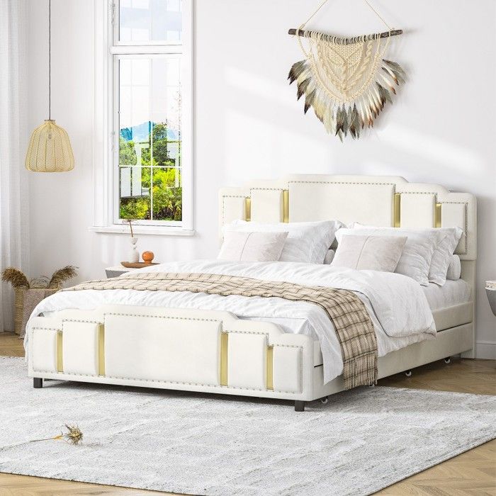 Lit double capitonné 140x200 cm velours beige tiroirs finitions dorées tête et pied de lit design original Sans Matelas Lit double capitonné 140x200 cm velours beige tiroirs finitions dorées tête et pied de lit design original Sans Matelas