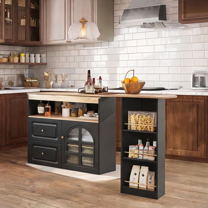 Buffet de cuisine extensible 138-204 cm avec porte vitrée cintrée et tiroirs MDF classique noir