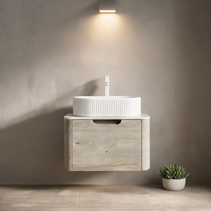 Meuble suspendu salle de bain 60 cm vasque ovale céramique blanc classique plateau travertin sinterisé 1 tiroir soft-close
