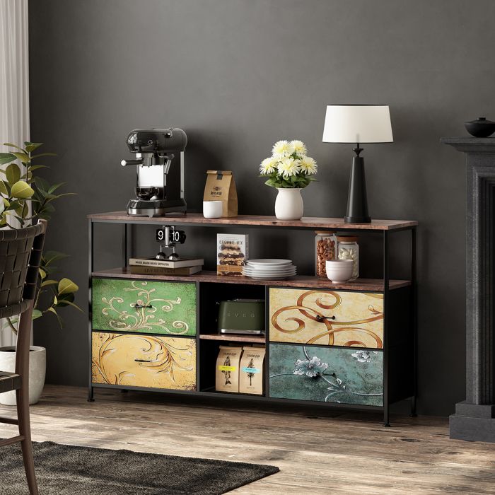 Meuble TV LED avec 4 tiroirs et 4 étagères Meuble Télé Bas Salon Cadre en Métal 108x30x78cm Tissu floraux