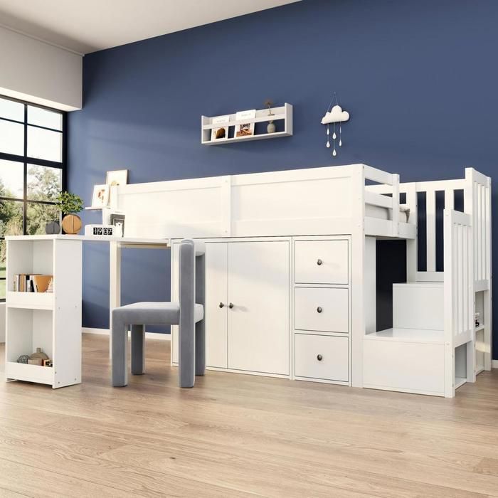 Lit mezzanine enfant - KOMHTOM - 90x200 cm - bureau coulissant - armoire et tiroirs - MDF Lit mezzanine enfant - KOMHTOM - 90x200 cm - bureau coulissant - armoire et tiroirs - MDF