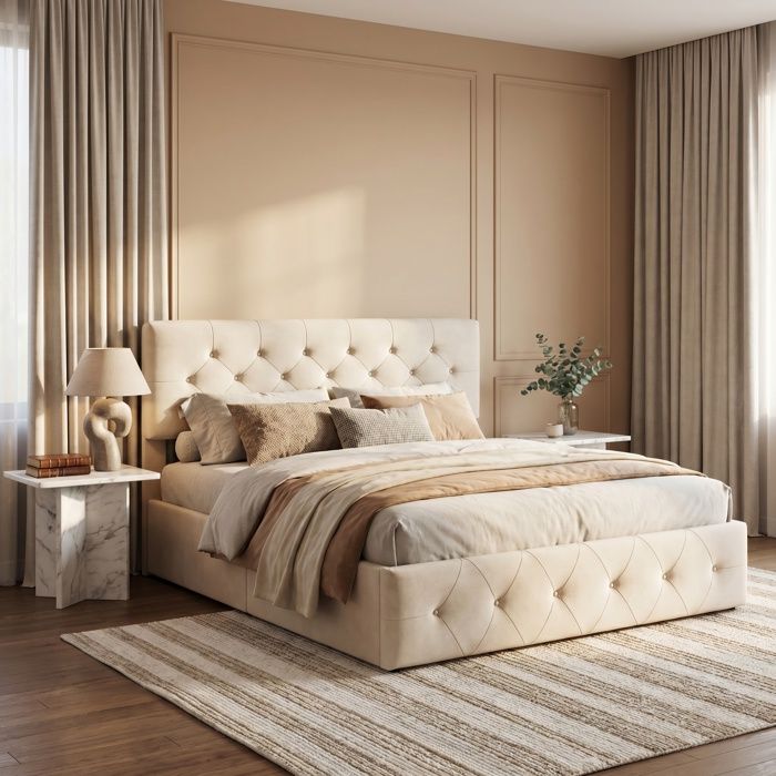 Lit coffre 160x200 avec Tête de lit réglableLit adulte 160x200 avec rangement hydrauliqueLit doublesommier à lattesVelours beige