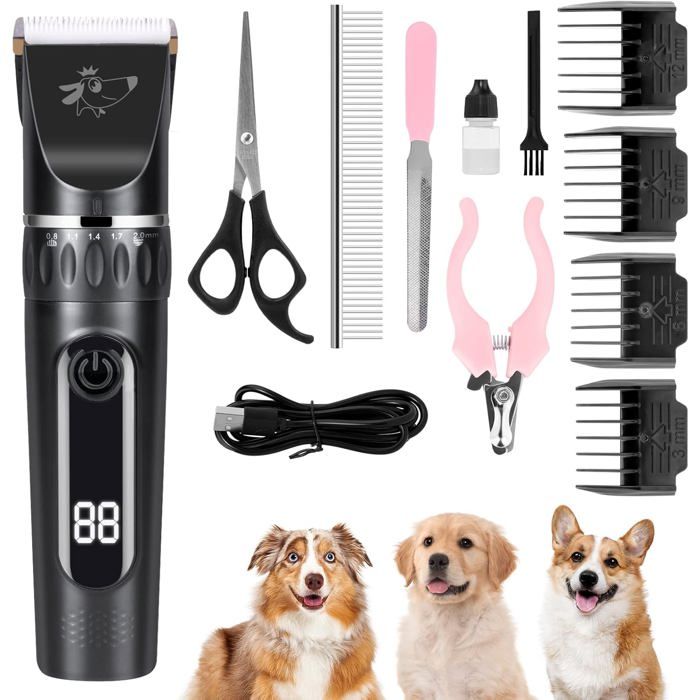 Tondeuse électrique pour animaux  - Sans fil rechargeable - Lames en céramique et titane - Écran LCD