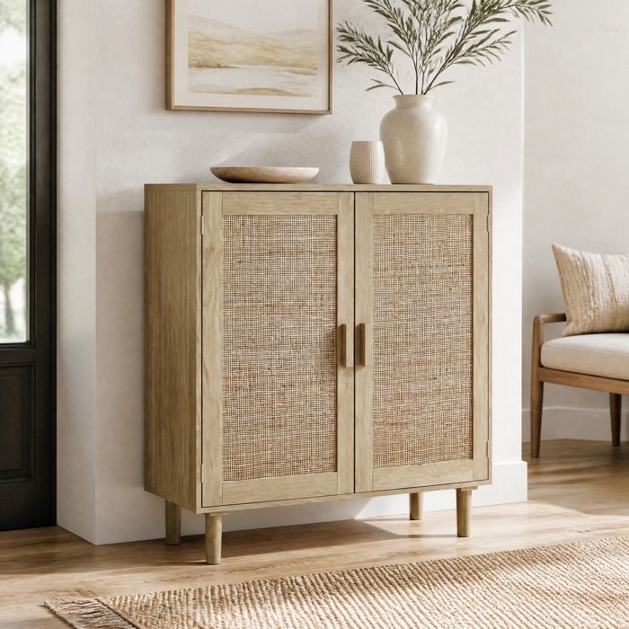 Buffet bas 2 portes en rotin avec rangement portes magnétiques et poignées en bois massif - MEUNIQ - naturel 80 cm