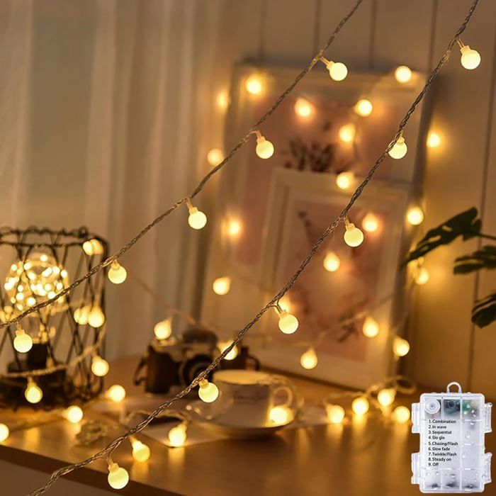 Guirlande lumineuse LED étanche pour lextérieur Sur piles 5 m 50 boules LED Blanc chaud Éclairage de Noël pour chambre denfant