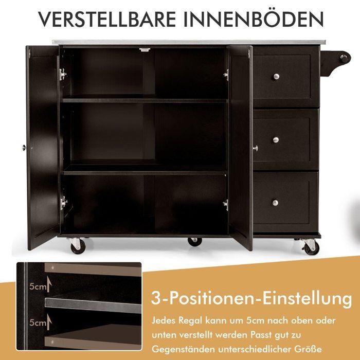 Rangement pratique desserte de cuisine mobile plan de travail inox 3 tiroirs placard 2 portes pour cuisine