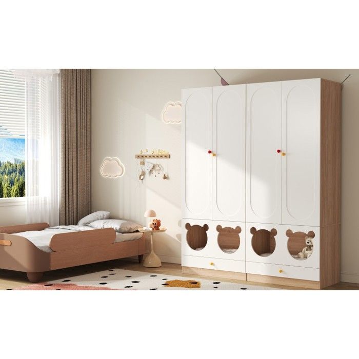 Armoire enfant AESVAR 80 x 50 x 200 cm Blanc et bois naturel avec barre de penderie et rangements