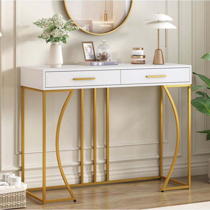 Table console dentrée 110x32x85 cm 2 tiroirs MDF métal blanc doré avec pieds réglables 60 kg TYNQER