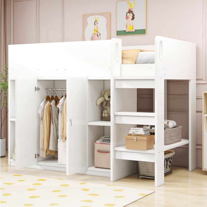Lit surélevé multifonctionnel 90x200 cm avec rangement armoire et échelle - Lit enfant blanc