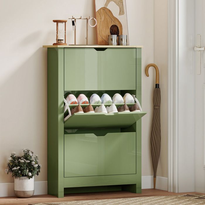 Meuble à Chaussures 18 Paires Armoire à Chaussures à Haute Brillance 3 Tiroirs Rabattables Étagères Réglables Vert