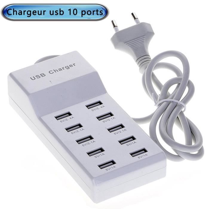 Chargeur USB Secteur Rapide avec 10 ports Hub USB EU Adapteur Secteur USB  Chargeur de Bureau ( Sortie 10A/5V, 110-240V) ( Blanc ) - Cdiscount  Informatique