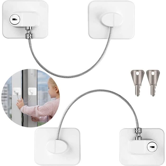 Entrebailleur fenetre enfant PVC sans percer - MEETTIKEY - Serrure adhésive câble clé réfrig - Blanc