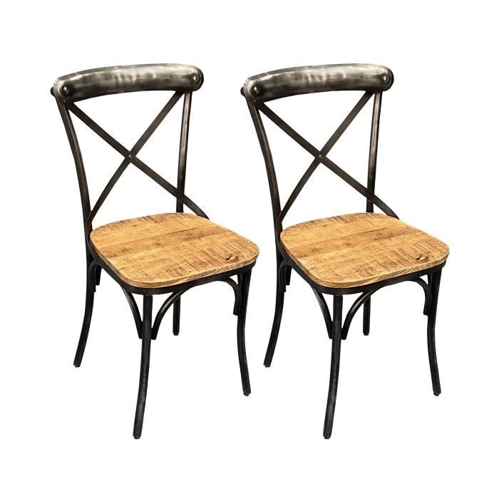 lot de 2 chaises bistrot 41x41x90 cm en bois et structure en fer noir