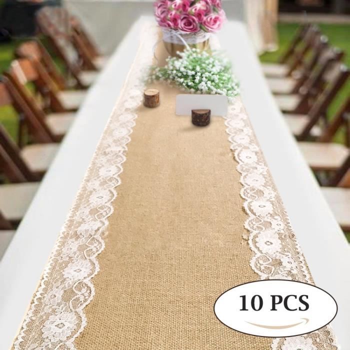 10pcs Chemin De Table En Toile De Jute Avec Dentelle Toile De Jute