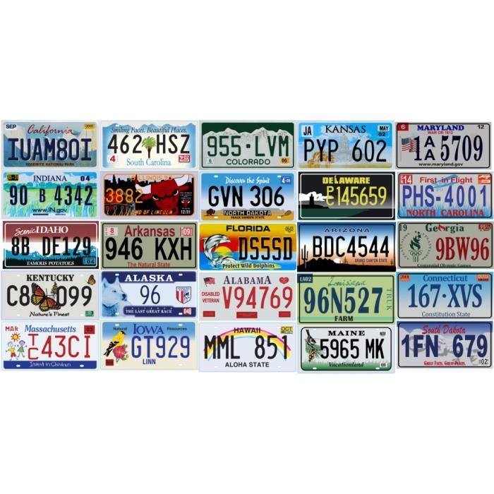 Lot de 25 PLAQUES D' IMMATRICULATION de 25 Etats Américains - répliques de vraies plaques américaines de voiture USA en métal (P6)
