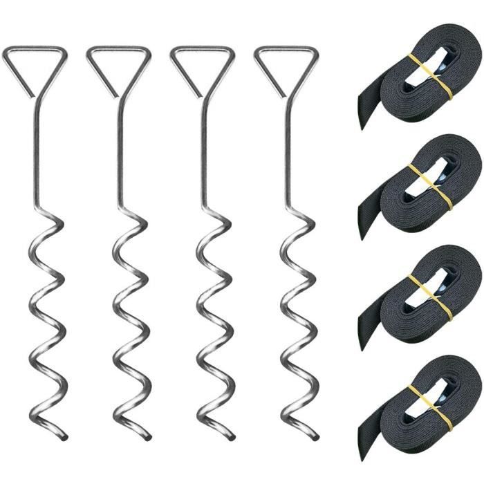 Kit D’ancrage Pour Trampoline – 4 Sardines Hélicoïdales En Acier, 4 Sangles 250 Cm – Pour Tout Terrain