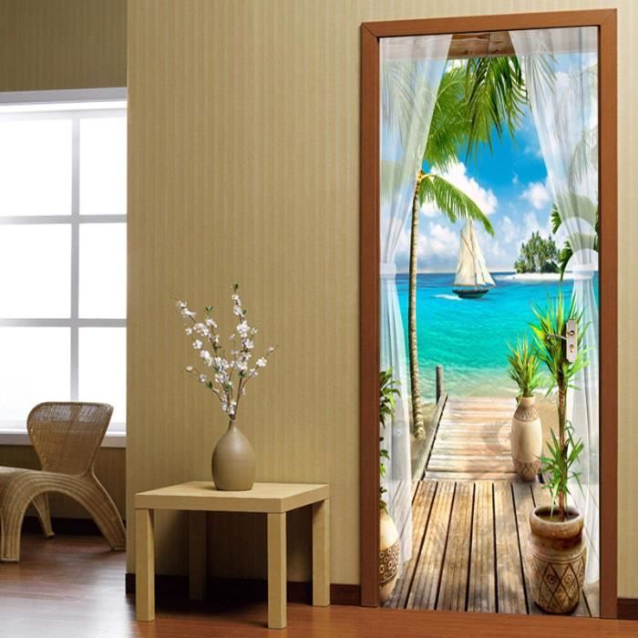 Murale Per Porta 3D Foglie Verdi Tropicali 77 X 200 Cm Adesivi Per Porte Murali Per Pareti Interne Carta Da Parati Artistica Decalcomanie Per Porte Rimovibili Autoadesive Vinile , Camera Da Le