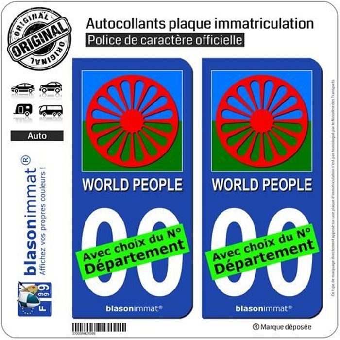 2 Autocollants plaque immatriculation Auto : Romani People - Roue Drapée