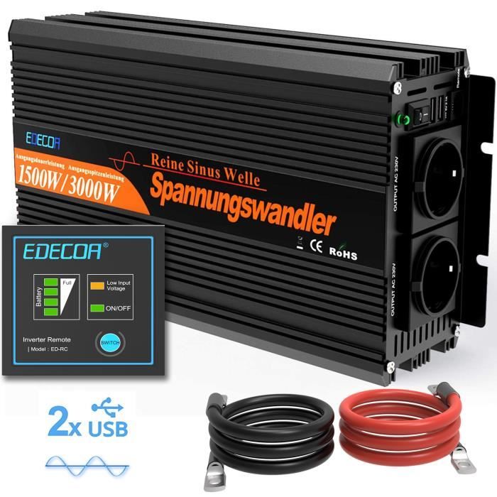 EDECOA Convertisseur 220v 12v Pur Sinus 1500W Transformateur 12v 220v 3000W Crête