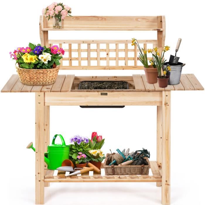 goplus table de rempotage en bois table de jardinage a 3 niveaux avec evier amovible et plateau coulissant etagere de rangement cdiscount jardin